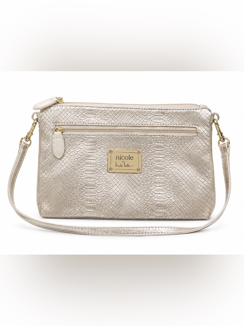 Nicole Miller Metallic Cream Snake-Embossed Crossbody Bag with Gold Hardware
